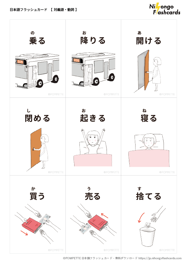 日本語フラッシュカード イラスト 絵カード 対義語 動詞